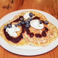 BLR Pancake · Blueberry, lemon and ricotta pancakes, with blueberry sauce. Veggie.