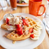 Strawberry & Banana Waffle · Fresh Belgian waffle with strawberries, banana, walnuts and 100% pure organic maple syrup. V...