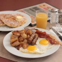Classic 2x4 Breakfast · 2 eggs, 2 slices of bacon, 2 sausage, 2 pancake and homefries.