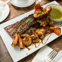Mar y Tierra · Skirt steak, shrimps and spiny lobster tail.