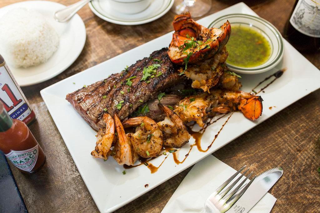 Mar y Tierra · Skirt steak, shrimps and spiny lobster tail.