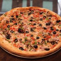 Power Up Veggie Pizza · Tomatoes, red onion, mushrooms, green pepper and black olives. 