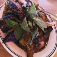 Taiwanese Eggplant · Basil fried garlic. Vegan.