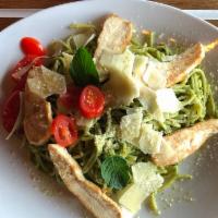 Grilled Chicken Pesto Spaghetti · (with our secret home-made pesto, grilled chicken)