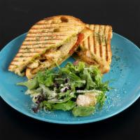 Chicken Pesto Panino · Grilled chicken breast, basil pesto, fresh tomato. Served with a salad  or chips.