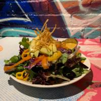 Kaleidoscope Salad · Gluten-free. Mixed greens, red cabbage, carrots, sweet peppers, avocado, sunflower seeds, to...
