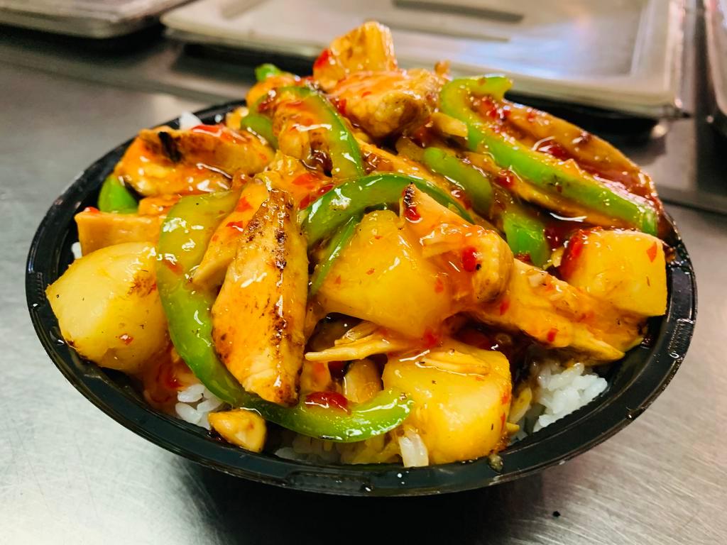Sweet and Sour Bowl · Chicken breast, pineapple, green peppers, rice and sweet and sour sauce.