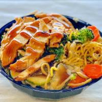 Chicken Breast Yakisoba (Noodle) Bowl · Japanese noodles wok-stirred with veggies, chicken  breast and  Samurai Sam's signature  ter...