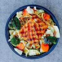 Salmon Yakisoba (Noodle) Bowl · Japanese noodles wok-stirred with veggies, grilled salmon and  Samurai Sam's signature  teri...