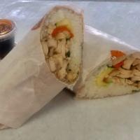 Chicken Breast Wrap · Chicken breast, wok-stirred veggies and white or brown rice wrapped in a whole wheat tortilla