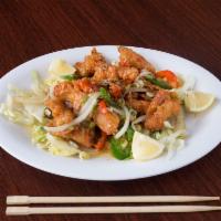 Lemon Pepper · Rang muoi. Your choice of chicken, shrimp or tofu is lightly breaded and deep fried. Tossed ...