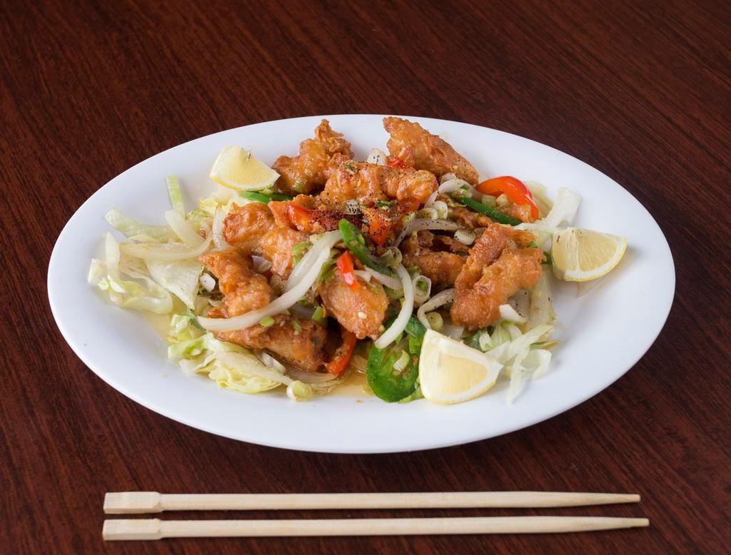 Lemon Pepper · Rang muoi. Your choice of chicken, shrimp or tofu is lightly breaded and deep fried. Tossed with onions, jalapenos, bell pepper and garlic with a side of lemon dipping sauce. Hot and spicy.