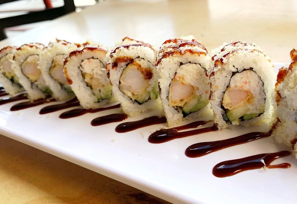 Crunchy Roll · 8 pieces. In - shrimp tempura, crab meat, cucumber, avocado. Out - eel sauce, crunch.