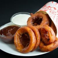 Beer Battered Onion Rings · bbq sauce // house-made ranch