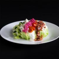 Aioli Wedge Salad · iceberg lettuce // pickled red onion // applewood smoked bacon // tomato // cucumber // blue...
