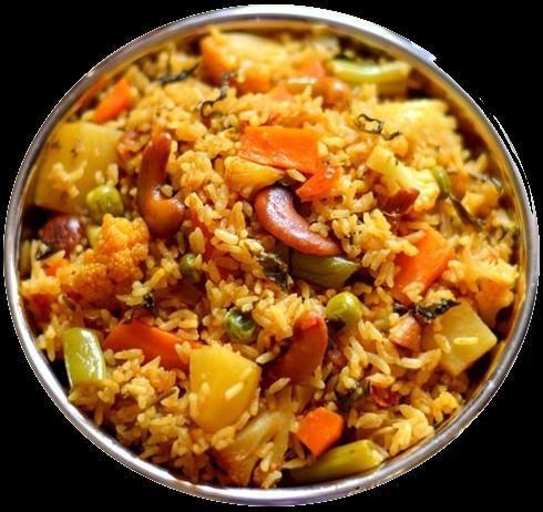 Veg Dum Biryani · Fresh vegetables, marinated with yogurt, onions, and spices, cooked with long grain basmati rice. Served with raita and salna.