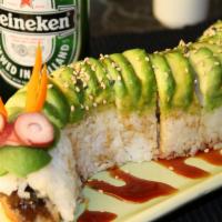 Caterpillar Roll · Eel and cucumber, served with eel sauce and avocado on top.