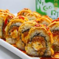 Crazy Spicy Tuna Roll · Spicy tuna and cream cheese inside then deep fried with spicy mayo and eel sauce, hot sauce ...