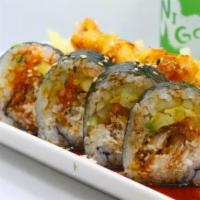 Crispy Roll · Deep fried white fish, avocado and cucumber, crab mix, inside with eel sauce on top.