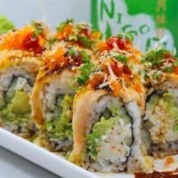 Eskimo Roll · Cucumber, avocado and crab inside then baked with salmon, dynamite sauce, eel sauce, fish eg...