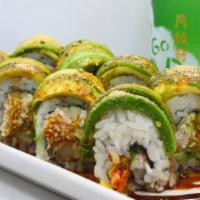 Green Dragon Roll · 2 shrimp tempura, cucumber, avocado and crab inside with avocado, eel sauce and Salmon crunc...