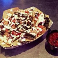 Nachos · Tortilla chips, queso, grilled jalapenos, diced tomato, sour cream and a side of salsa.