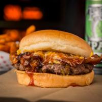 BBQ Bacon Theta Burger · BBQ aioli, pickles, BBQ sauce, bacon and cheddar cheese. Fresh ground protein and smashed on...
