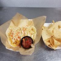 Fish Taco · 2 tacos, breaded cod, garlic aioli, cheddar cheese and herman's slaw.  Served with choice of...