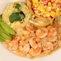Camarones al Ajillo · 14 grilled shrimp sauteed with fresh garlic and onions. Served with white rice, corn salad a...
