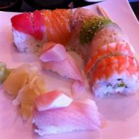 6. Rainbow Roll · Crab and avocado, topped with tuna, salmon, albacore, with fish, avocado and shrimp.