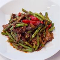 Spicy String Beans · Spicy. String beans, prik khing curry paste and kaffir lime leaves.