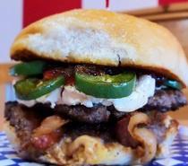 PB&J Burger · Sourdough Bun with seasoned BEEF/TURKEY grilled Jalapeno Philly Cream Cheese Peanut butter t...
