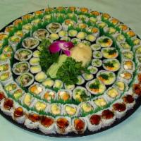 B. Vegetarian Platter · 116 pieces. Raw. Mushrooms tempura roll, sweet potato roll, 2 avocado rolls, 2  cucumber rol...