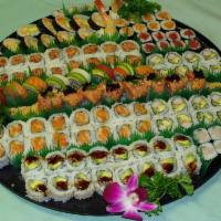 C. Makimono Platter · 116 pieces. Raw. 2 eel-avocado rolls, 2 California rolls, 2 crazy rolls, 2 spicy tuna rolls,...