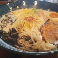 Tonkotsu Ramen with Black Garlic Oil · Creamy pork bone based soup with chashu, soft boiled egg, bamboo shoots, scallion, wood-ear ...