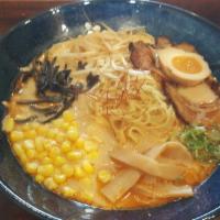 Miso Ramen Mild · Aged-red miso based soup with ground pork, chashu, bean sprouts, onion, bamboo shoots, wood-...