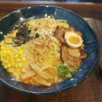 Miso Ramen w. Chili Paste · Served with chili paste. Aged-red miso based soup with ground pork, chashu, bean sprouts, on...