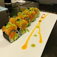 R29. Cancun Roll · Inside: Spicy tuna, cilantro, jalapeno, avocado and cucumber. Outside: Spicy yellowtail, cru...