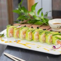 R30. Caterpillar Roll · Inside: Shrimp tempura, lobster salad, crabstick and cucumber. Outside: Avocado and tobiko. ...