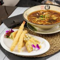 N4. Tempura Shrimp Broth Udon Noodle · Battered and fried. Shell fish. Thick wheat flour noodles.
