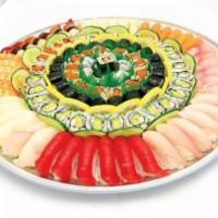 P7. Platinum Sushi Party Tray · 48 pieces assorted sushi  and 56 pieces roll. ( Includes:24 pieces California roll, 16 piece...