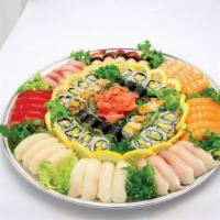P8. Gold Sushi Party Tray · 38 pieces assorted sushi and 32 pieces roll ( Includes: 16 pieces California roll, 8 pieces ...