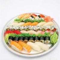 P9. Silver Sushi Party Tray · 20 pieces assorted sushi  and 24 pieces roll ( Includes : 8 pieces California roll, 8 pieces...