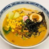 Miso Ramen (soy bean broth) · Comes with soft boiled egg, bokchoy, beansprouts, earwood mushroom, sweet corn, fish cake, s...