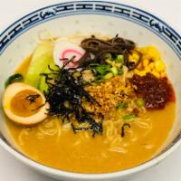Alarm Ramen (spicy miso broth) · Comes with soft boiled egg, bokchoy, beansprouts, earwood mushroom, sweet corn, fish cake, s...