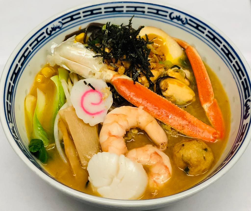 Seafood Ramen · Comes with Scallop, Shrimp, Mussels, Fish meatball, soft boiled egg, bokchoy, beansprouts, earwood mushroom, sweet corn, fish cake, seasoned bamboo shoots, green onions, seaweed nori, fried garlic and fried onion