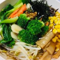 Vegetarian Ramen · MADE VEGAN!
Comes with Assorted vegetables, bokchoy, beansprouts, earwood mushroom, sweet co...