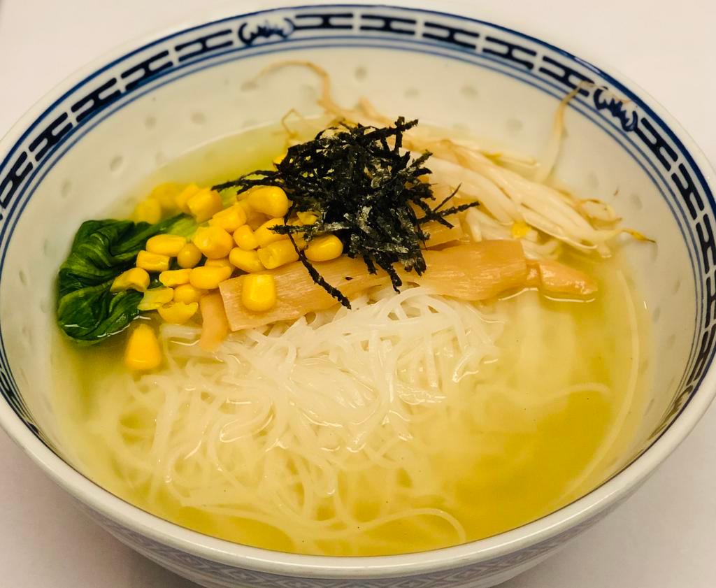 Glutten Free Ramen · Comes with rice noodles, bokchoy, bamboo shoot, bean sprouts, sweet corn, green onion and seaweed nori in a clear broth.