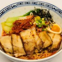 Kimchi Ramen (Spicy) · Pork Belly, bokchoy, beansprouts, soft boiled egg, green onions, fried onions, fried garlic ...