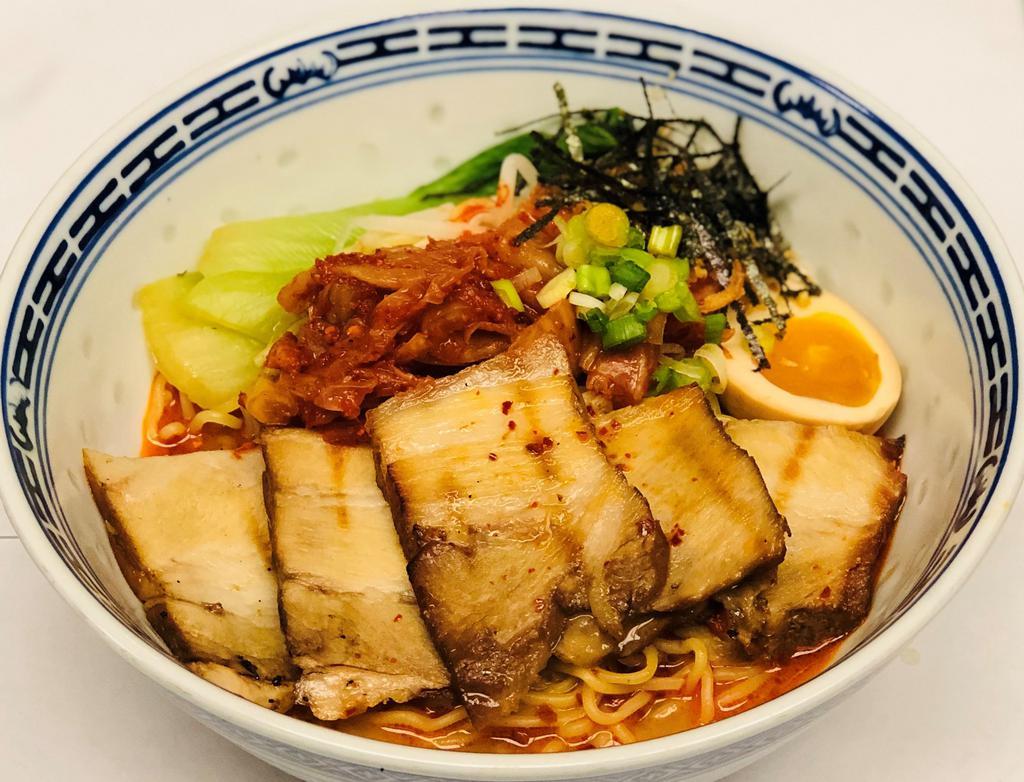 Kimchi Ramen (Spicy) · Pork Belly, bokchoy, beansprouts, soft boiled egg, green onions, fried onions, fried garlic & seaweed nori in spicy miso broth
